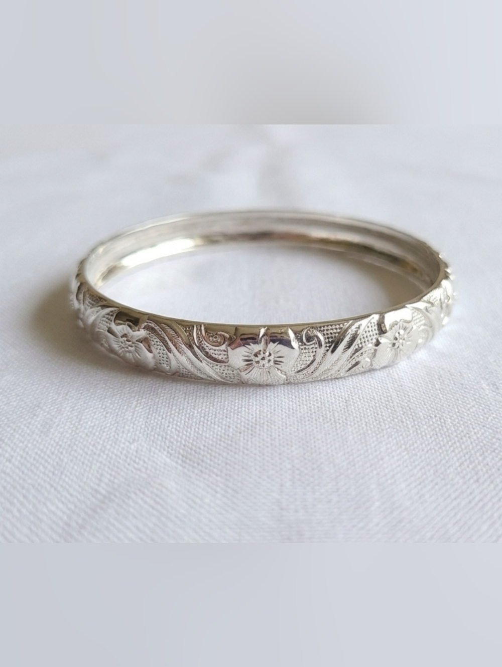 Floral Engraved Silver Bangle Bracelet